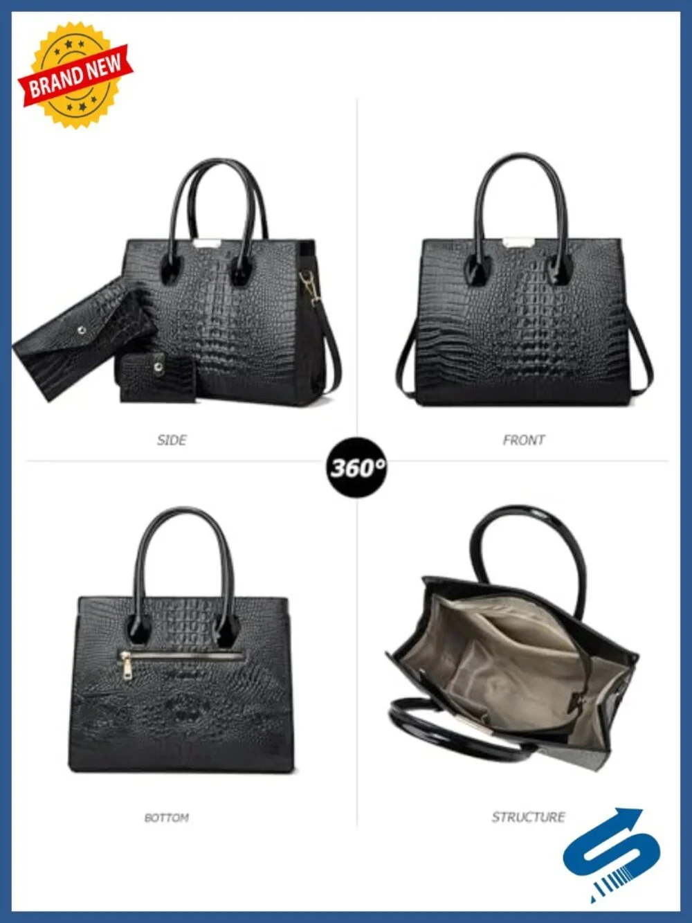 3pc Faux Leather Tote Handbag Set with Wallet and Cardholder, Crocodile Embossed
